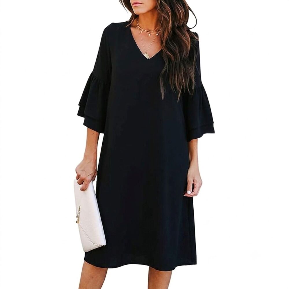 Belongsci Women's Black Shift Dress L Large V-Neck Bell Ruffle Sleeve Cocktail